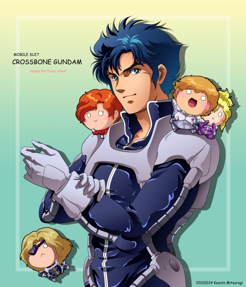 3boys, :>, :<, absurdres, adjusting_clothes, bernadette_briett, blonde_hair, blue_hair