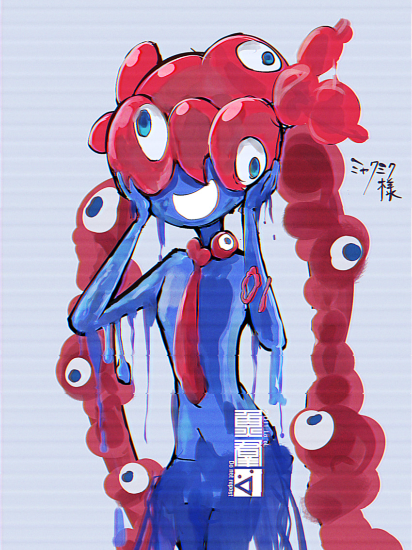 1girl, :d, artist_name, blue_eyes, blue_skin, character_name, colored_skin, commentary_request