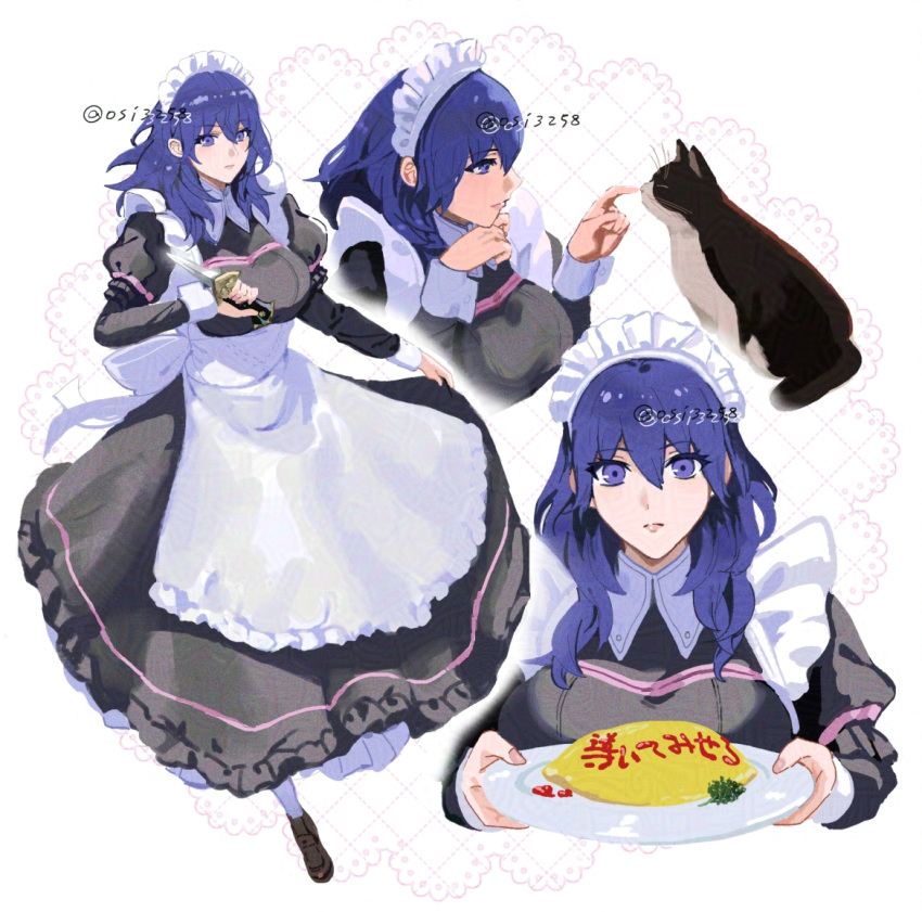 1girl, alternate_costume, apron, black_dress, blue_eyes, blue_hair, breasts, broccoli