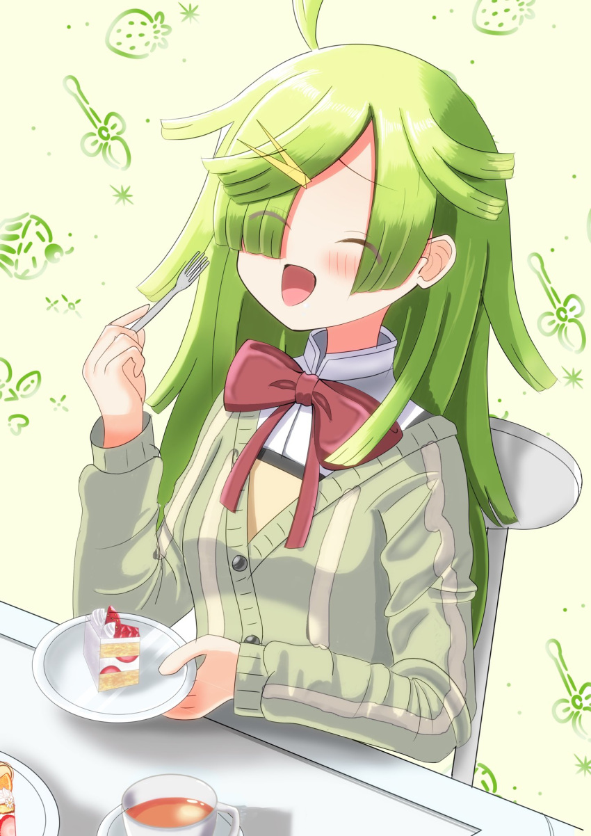 1girl, ahoge, aki_mabayu, bow, bowtie, cake, cake_slice, closed_eyes, eating, food, green_background, green_hair, highres, kishimen_hair, long_hair, magia_record:_mahou_shoujo_madoka_magica_gaiden, mahou_shoujo_madoka_magica, maocake_kai, mitakihara_school_uniform, open_mouth, plate, red_bow, red_bowtie, school_uniform, sitting, solo
