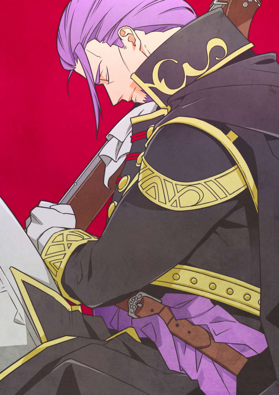 1boy, ascot, belt, black_cape, black_jacket, brown_belt, cape, cheekbones, closed_eyes, closed_mouth, commentary_request, cowboy_shot, dragon_quest, dragon_quest_xi, facial_hair, gloves, gold_trim, greig_(dq11), hair_pulled_back, head_down, highres, jacket, low_ponytail, magobohe, male_focus, pants, ponytail, profile, purple_hair, purple_sash, red_background, sash, sheath, sheathed, single_bang, sitting, solo, sword, weapon, white_ascot, white_gloves, white_pants
