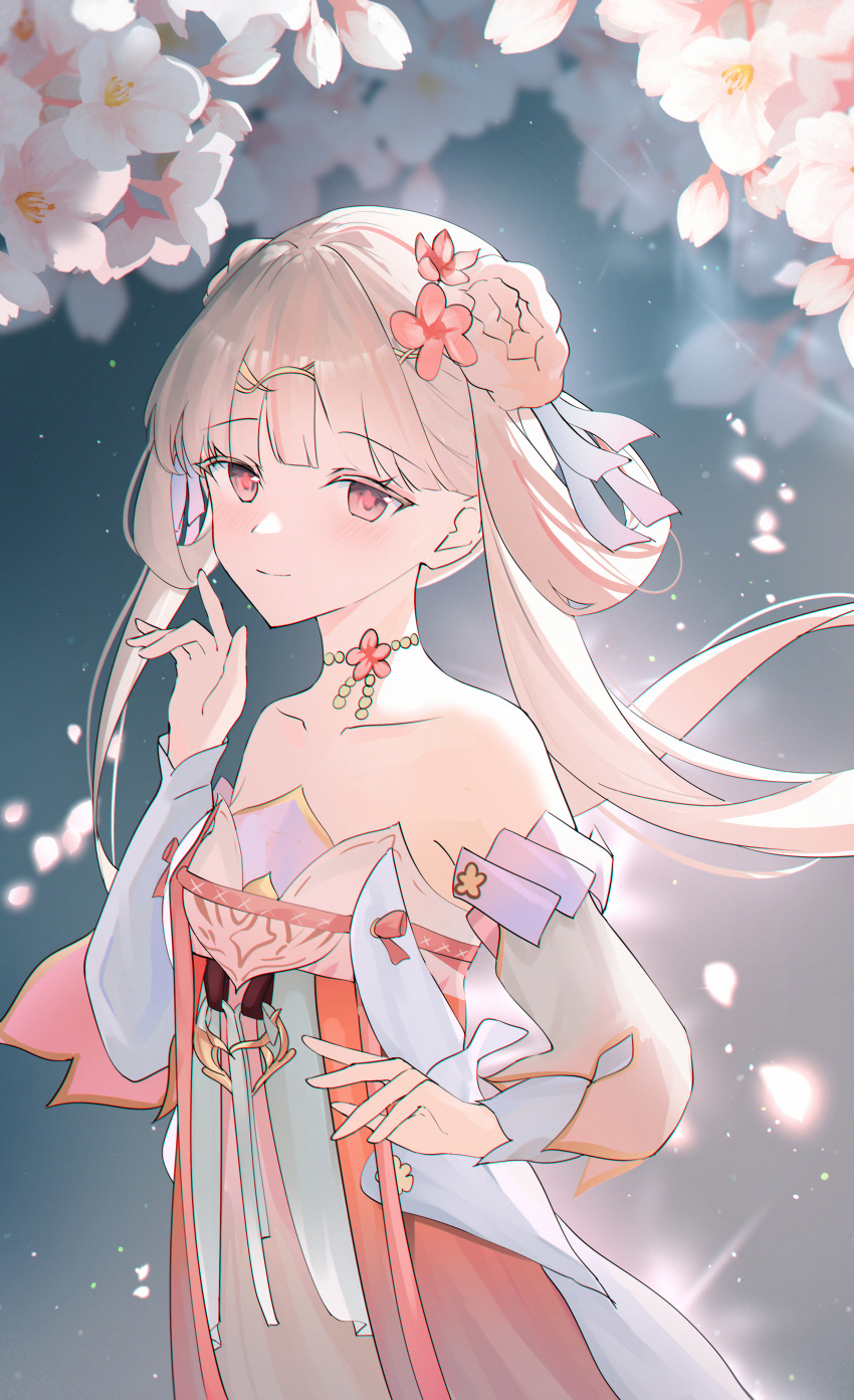 1girl, absurdres, bare_shoulders, chinese_clothes, closed_mouth, collarbone, commentary, detached_sleeves