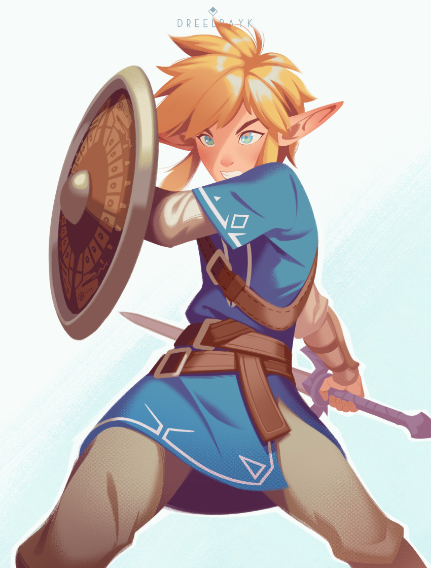 1boy, absurdres, belt, blonde_hair, blue_eyes, clenched_teeth, highres, holding