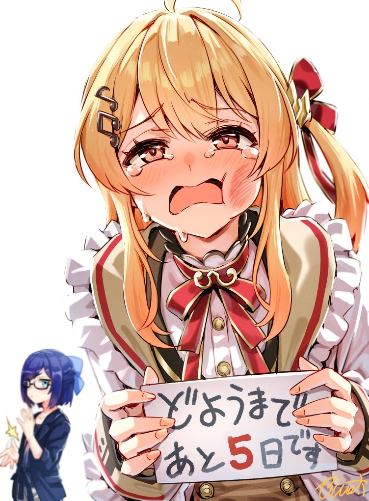 2girls, a-chan_(2nd_costume)_(hololive), a-chan_(hololive), ahoge, aqua_eyes, black-framed_eyewear, blonde_hair, blue_bow