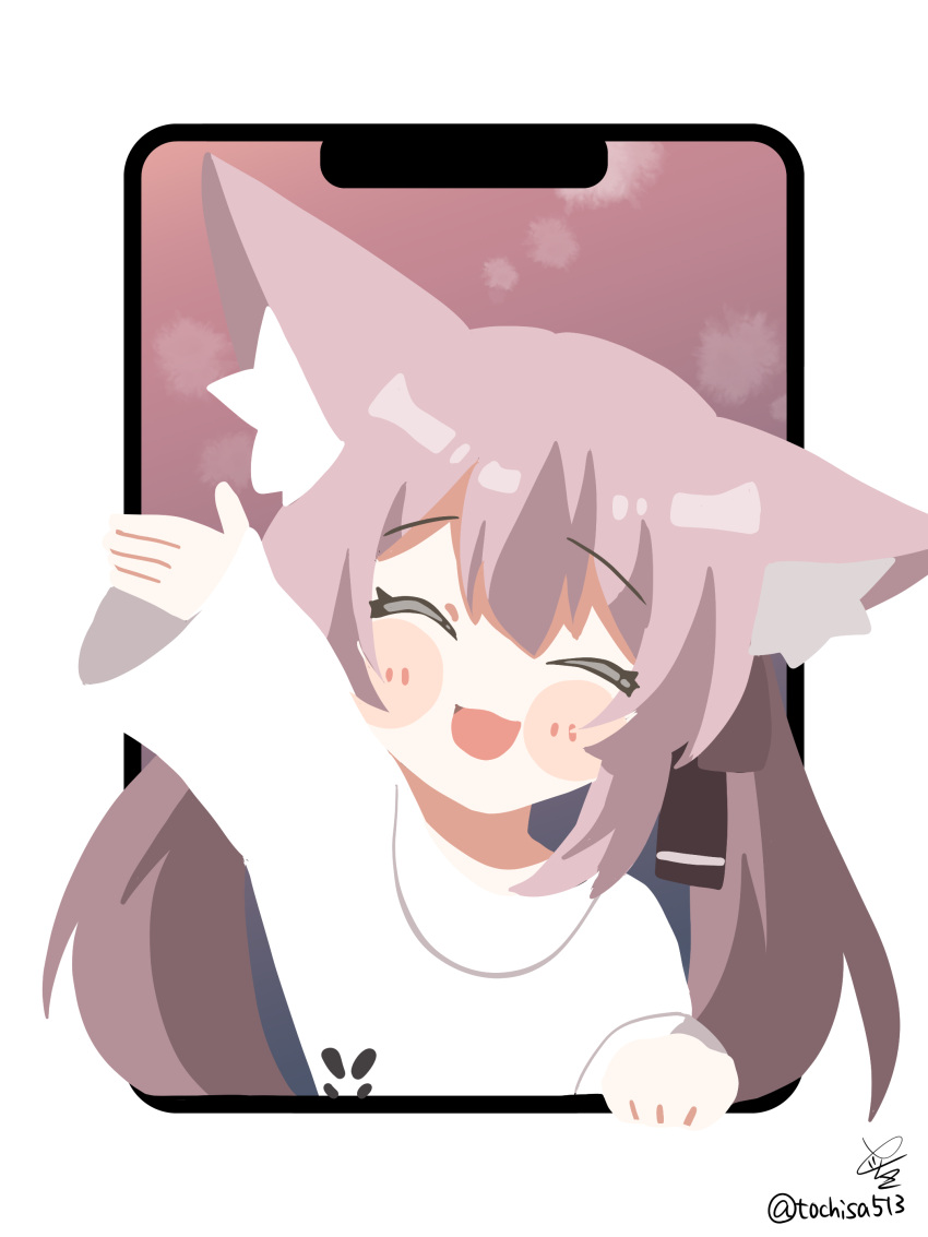 1girl, :3, :d, ^_^, absurdres, animal_ear_fluff, animal_ears, arm_up