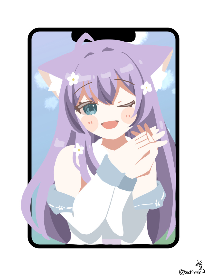 1girl, ;d, absurdres, ahoge, animal_ear_fluff, animal_ears, bare_shoulders, blue_eyes