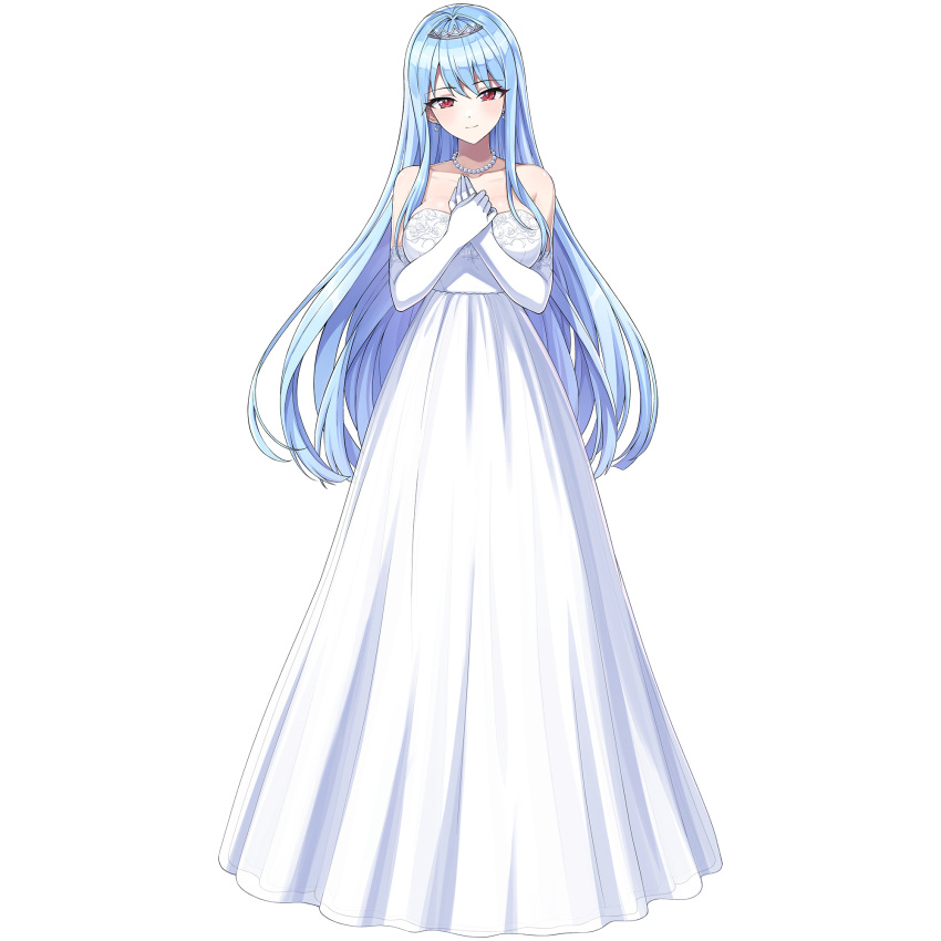 1girl, blue_hair, breasts, bride, closed_mouth, dolphin_wave, dress, earrings