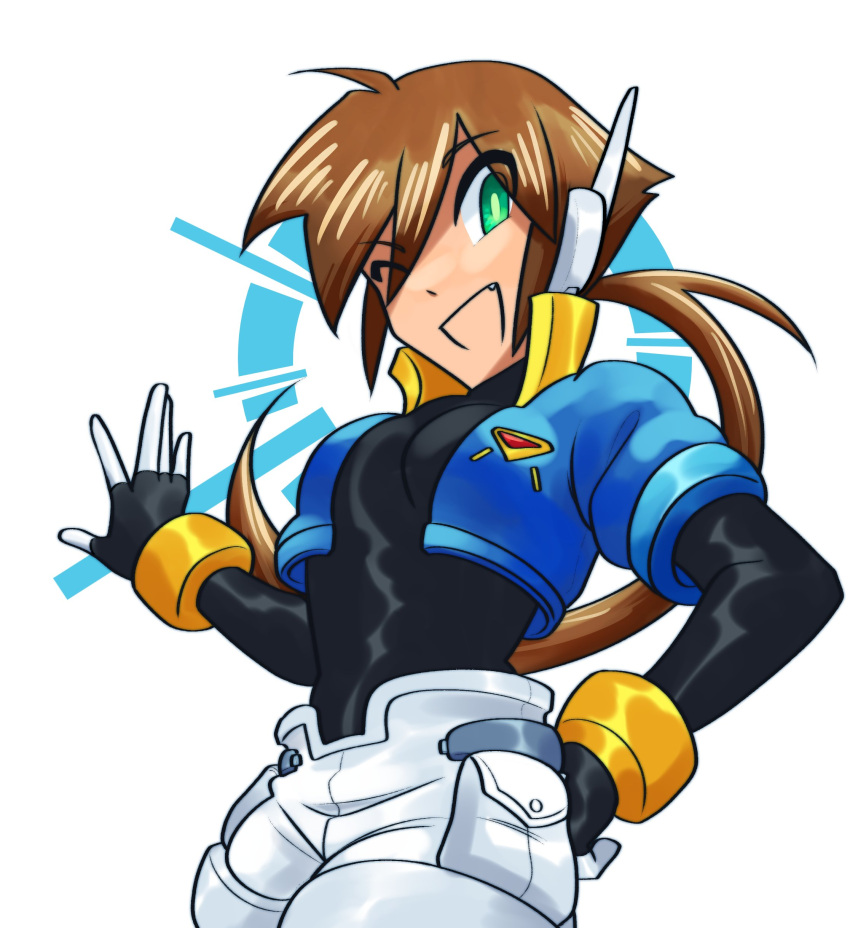 1girl, absurdres, aile_(mega_man_zx), black_bodysuit, blue_jacket, bodysuit, bodysuit_under_clothes, breasts