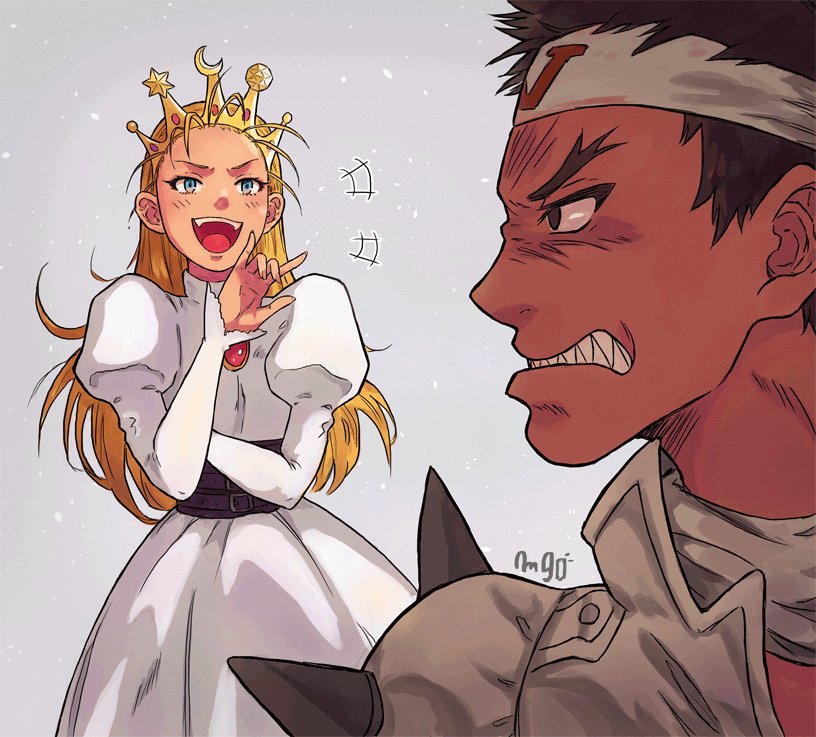 1boy, 1girl, belt_around_waist, blonde_hair, blue_eyes, brown_hair, chest_jewel, clenched_teeth