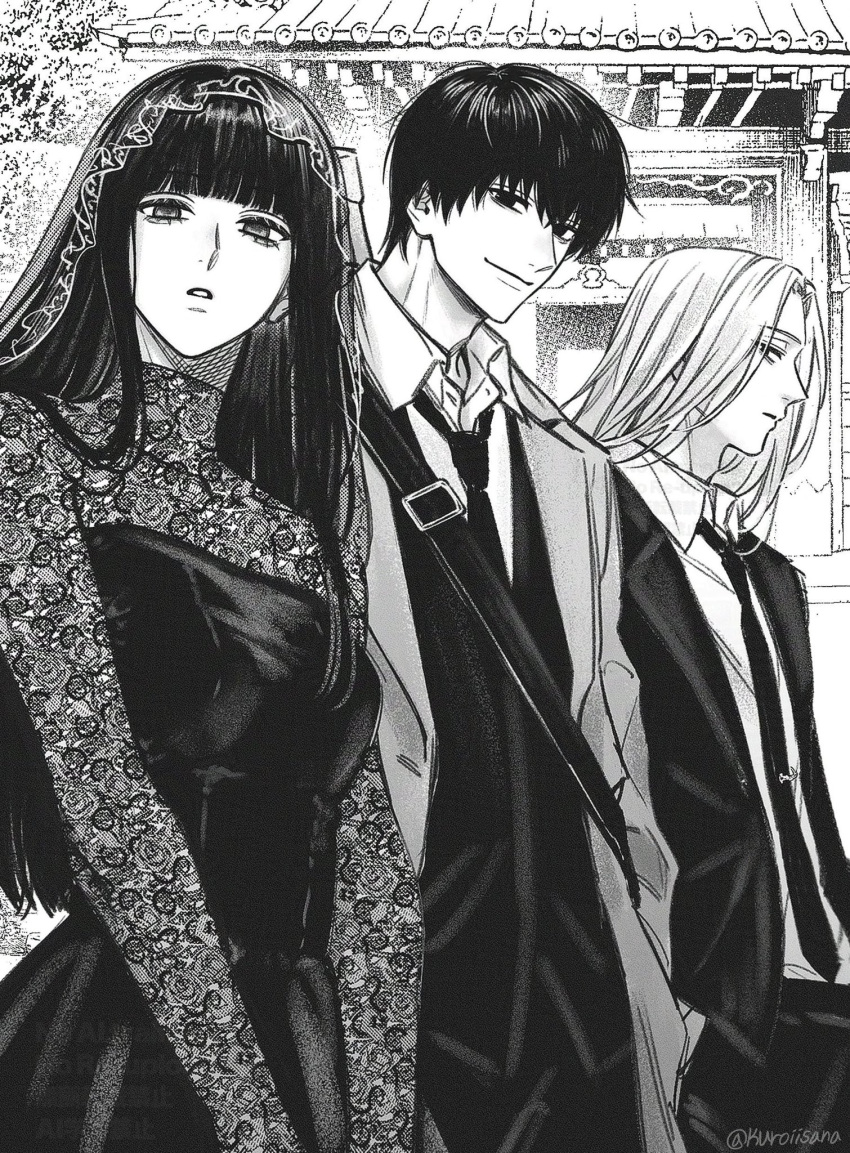 1girl, 2boys, black_dress, black_hair, black_jacket, black_pants, coat, collared_shirt