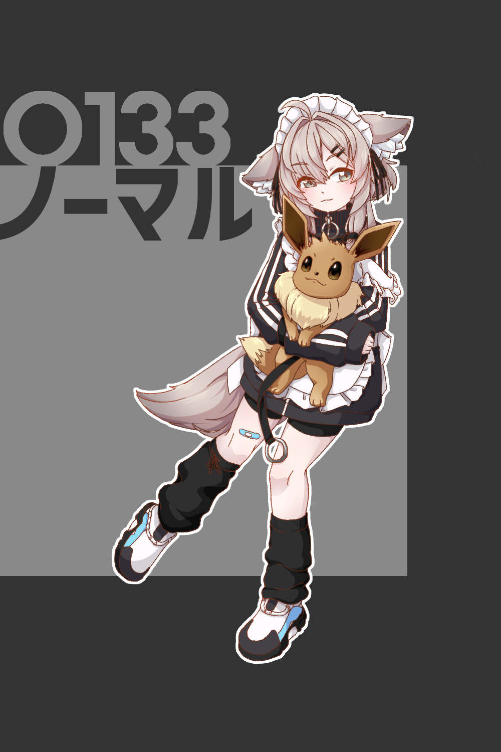 1girl, :3, ahoge, animal_ear_fluff, animal_ears, apron, bandaid, bandaid_on_leg, black_jacket, black_shorts, black_socks, brown_eyes, brown_hair, closed_mouth, crossover, dasima_a, ears_down, eevee, frilled_apron, frills, full_body, grey_background, grey_eyes, grey_hair, hair_between_eyes, hair_ornament, hairclip, highres, holding, holding_pokemon, jacket, long_sleeves, loose_socks, mafuyu_(vrchat), maid, maid_apron, maid_headdress, outline, pokemon, pokemon_(creature), shoes, shorts, smile, socks, standing, strap_slip, tail, track_jacket, unconventional_maid, vrchat, white_apron, white_outline, white_shoes