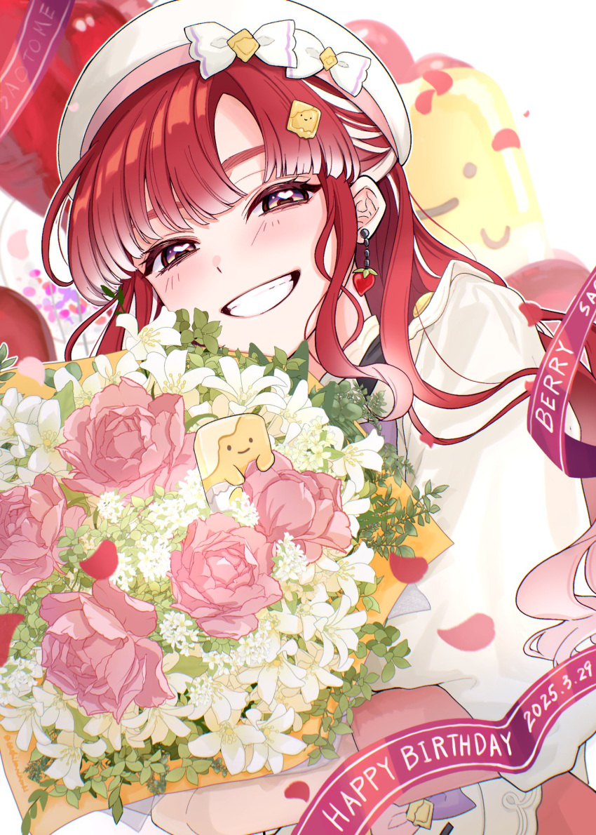 1girl, balloon, beret, blush, bouquet, bow, character_name, commentary