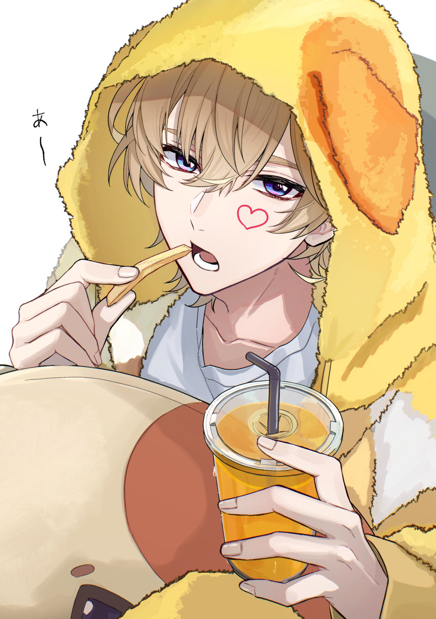 1boy, absurdres, animal_ears, animal_hood, blonde_hair, blue_eyes, collarbone, commentary, cup, disposable_cup, dog_ears, dog_hood, drawstring, drink, drinking_straw, facial_mark, fake_animal_ears, food, french_fries, fur_hoodie, fura_kanato, hair_between_eyes, hands_up, heart, heart_facial_mark, highres, holding, holding_cup, holding_food, hood, hood_up, hoodie, kashitsuki_(tashikaniaruki), long_sleeves, looking_at_viewer, lower_teeth_only, male_focus, multicolored_eyes, multicolored_hoodie, multicolored_pajamas, nijisanji, open_clothes, open_hoodie, open_mouth, pajamas, shirt, short_hair, simple_background, solo, striped_clothes, striped_hoodie, striped_pajamas, stuffed_animal, stuffed_dog, stuffed_toy, symbol-only_commentary, teeth, upper_body, violet_eyes, virtual_youtuber, white_background, white_shirt, yellow_hoodie, yellow_pajamas