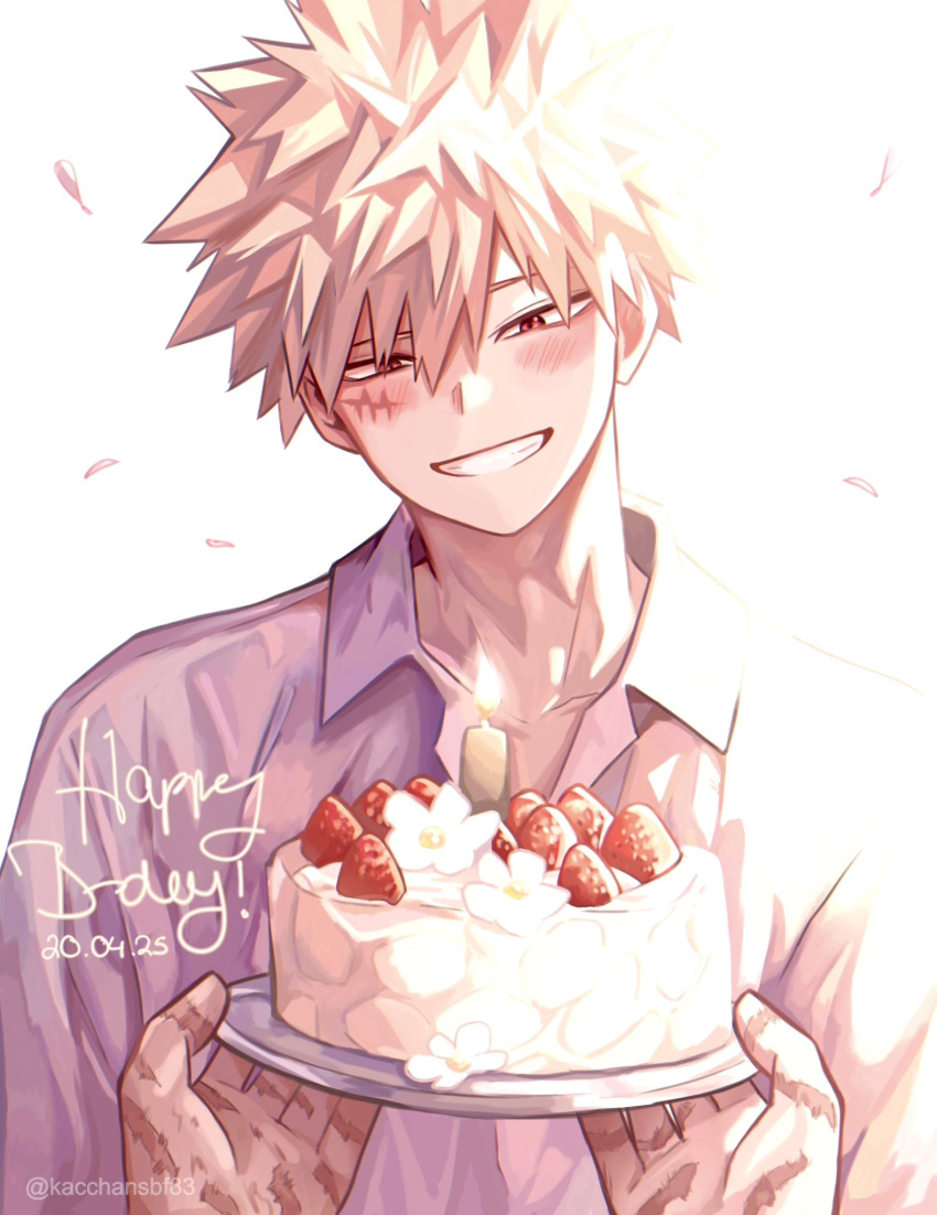 2boys, bakugou_katsuki, blonde_hair, blush, boku_no_hero_academia, cake, collared_shirt, commentary, dated, english_commentary, flower, food, fruit, grin, happy_birthday, highres, holding, holding_plate, jewelry, kacchansbf83, looking_at_food, male_focus, midoriya_izuku, multiple_boys, multiple_scars, necklace, open_collar, out_of_frame, parted_bangs, plate, purple_shirt, red_eyes, scar, scar_on_hand, shirt, short_hair, simple_background, smile, solo_focus, strawberry, teeth, twitter_username, upper_body, white_background, white_flower, wing_collar