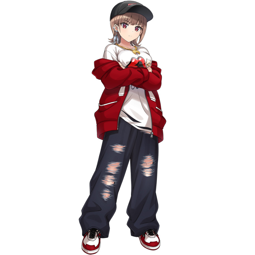 1girl, arms_under_breasts, baggy_clothes, baggy_pants, baseball_cap, black_hat, breasts, brown_hair, chain, denim, dolphin_wave, earrings, feather_earrings, feathers, game_cg, gold_chain, hat, highres, hood, hood_down, hoodie, jeans, jewelry, kamie_tsugumi, large_breasts, light_frown, looking_at_viewer, medium_hair, nail_polish, non-web_source, official_art, ootomo_takuji, pants, print_shirt, red_eyes, red_hoodie, red_nails, shirt, shoes, single_earring, single_sidelock, sneakers, solo, torn_clothes, torn_jeans, torn_pants, transparent_background, white_shirt