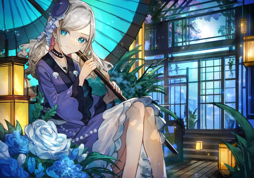 1girl, beret, blue_eyes, blue_flower, blue_hat, blue_kimono, blue_rose, blue_skirt
