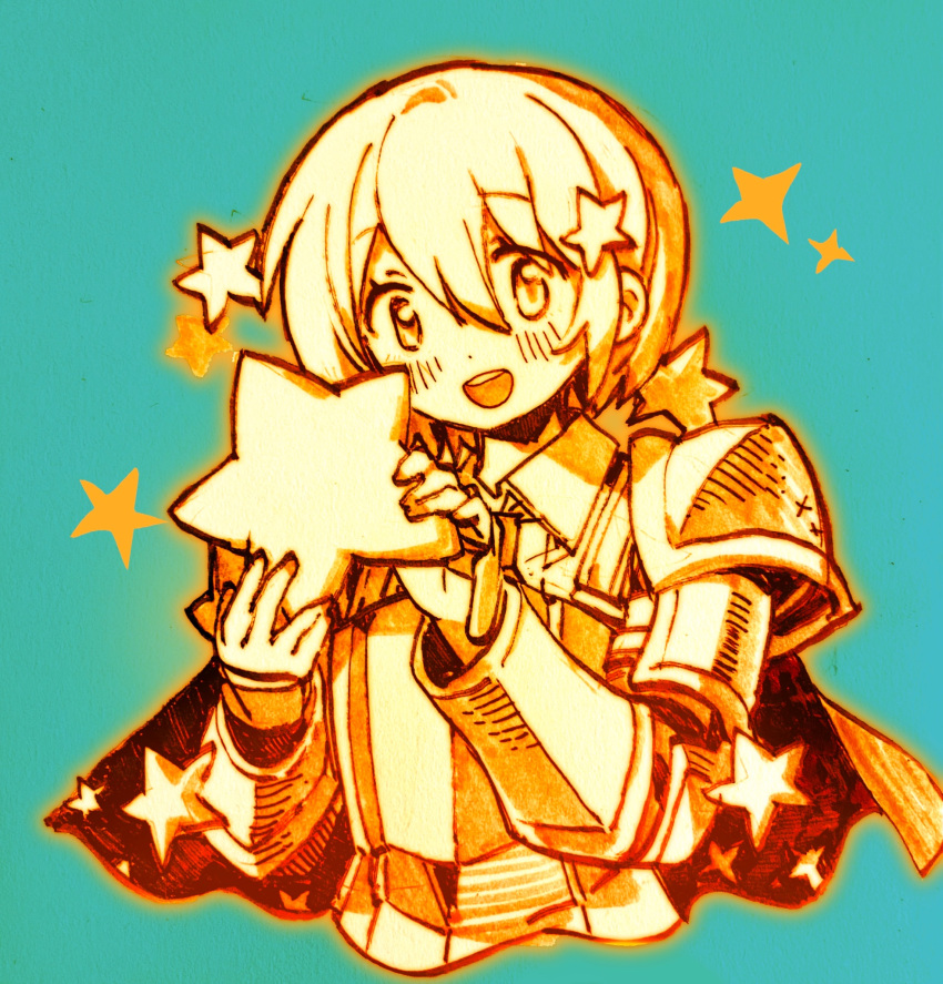 1girl, :d, aqua_background, armor, blush, bob_cut, cape, collared_shirt, commentary, don_quixote_(project_moon), hair_between_eyes, hair_ornament, highres, holding, holding_star, kampuzu, limbus_company, looking_at_viewer, open_mouth, project_moon, sepia, shirt, shoulder_armor, smile, solo, star_(symbol), star_hair_ornament, teeth, upper_body, upper_teeth_only