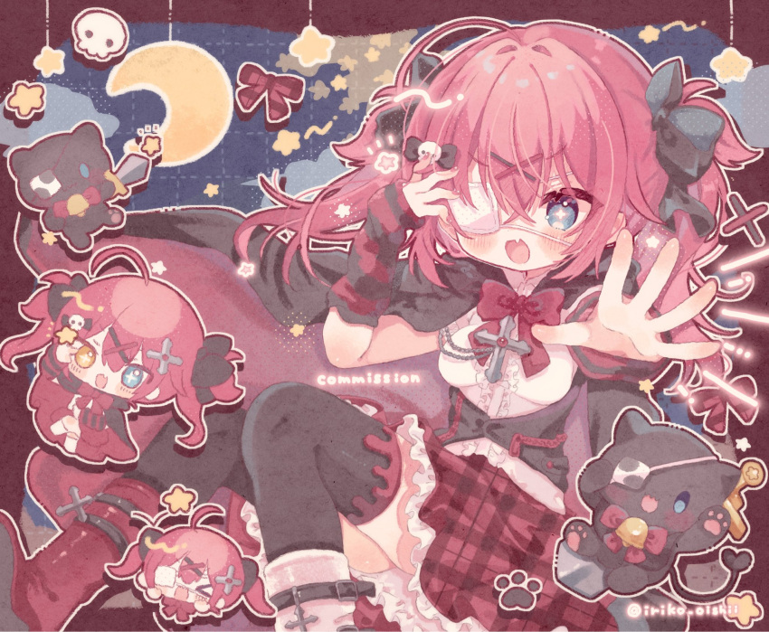 >_<, 1girl, :d, asymmetrical_footwear, black_bow, black_thighhighs, blue_background, blue_eyes, blush, boots, border, bow, bowtie, cape, cat, chibi, commentary, commission, crescent_moon, eyepatch, fang, feet_out_of_frame, frilled_skirt, frills, grid_background, hair_bow, hair_ornament, hand_up, heterochromia, highres, kamizakana_iriko, long_sleeves, looking_at_viewer, mismatched_footwear, moon, open_mouth, outline, outside_border, outstretched_arm, plaid_clothes, plaid_ribbon, plaid_skirt, red_boots, red_border, red_bow, red_bowtie, red_cape, red_ribbon, red_skirt, ribbon, shirt, skeb_commission, skin_fang, skirt, smile, star_(symbol), sword, thigh-highs, twitter_username, two_side_up, vbox, virtual_youtuber, weapon, white_boots, white_outline, white_shirt, x_hair_ornament, yamisaki_touka, yellow_eyes