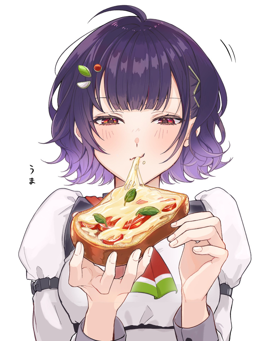 1girl, ahoge, ascot, blunt_bangs, blush, bread, bread_slice, cheese