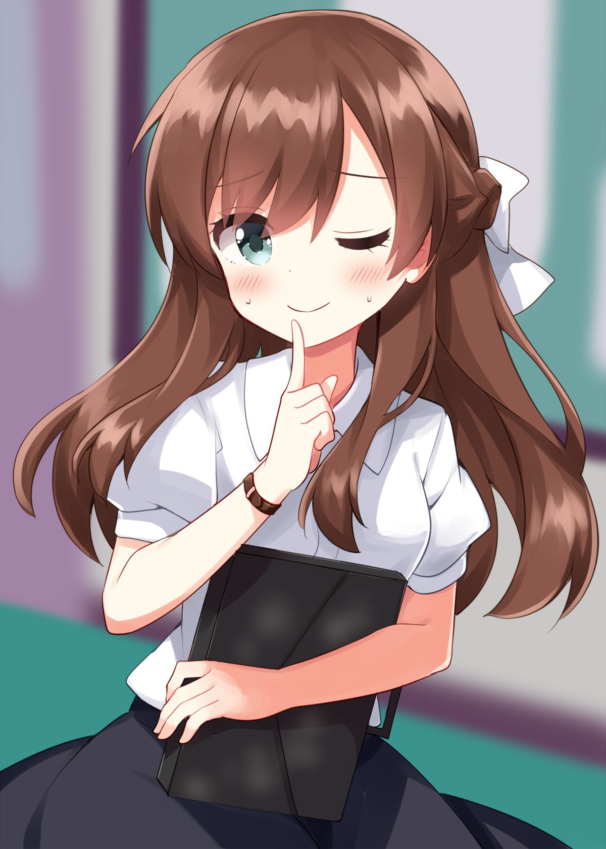 1girl, ;), bag, black_skirt, blurry, blurry_background, blush, brown_hair