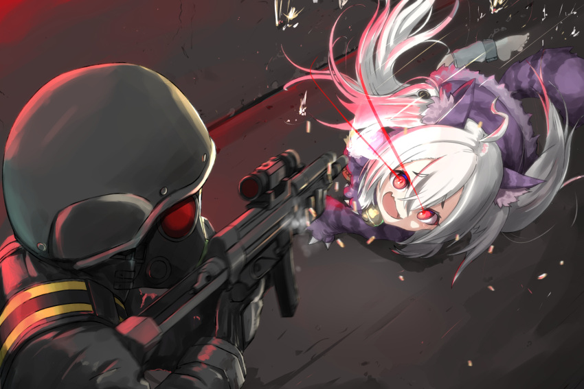 animal_ears, ankle_cuffs, azur_lane, bullet, commission, fake_animal_ears, fang, firing, gas_mask, gun, helmet, highres, holding, holding_gun, holding_weapon, hunk_(resident_evil), long_hair, mask, miller_(azur_lane), miller_(monster_experiment_m-01)_(azur_lane), official_alternate_costume, pixiv_commission, purple_skirt, red_eyes, resident_evil, resident_evil_(movie), resident_evil_2, skin_fang, skirt, twintails, weapon, white_hair, zafuri_(yzrnegy)