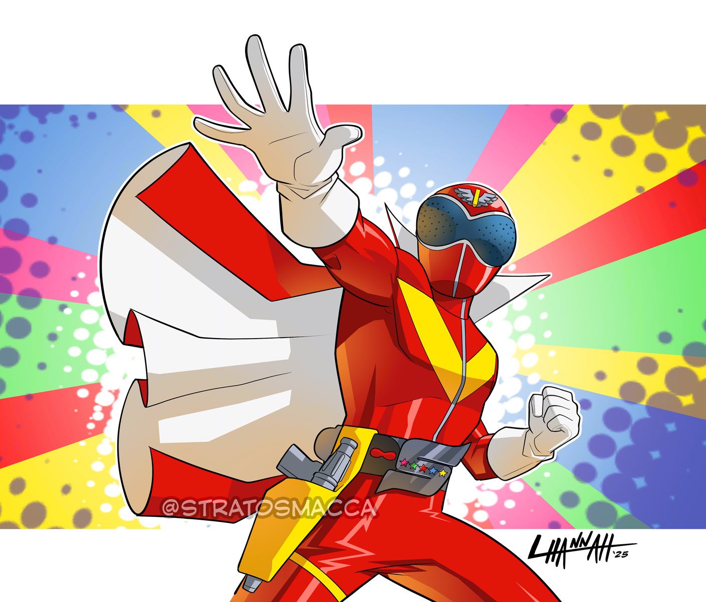 1boy, aka_ranger, artist_name, belt, belt_buckle, blue_background, bodysuit, border, buckle, cape, capelet, cowboy_shot, gloves, green_background, gun, helmet, highres, himitsu_sentai_gorenger, male_focus, pink_background, red_background, red_bodysuit, red_cape, red_helmet, signature, simple_background, solo, stratosmacca, super_sentai, twitter_username, two-sided_cape, two-sided_fabric, weapon, white_border, white_capelet, white_gloves, yellow_background