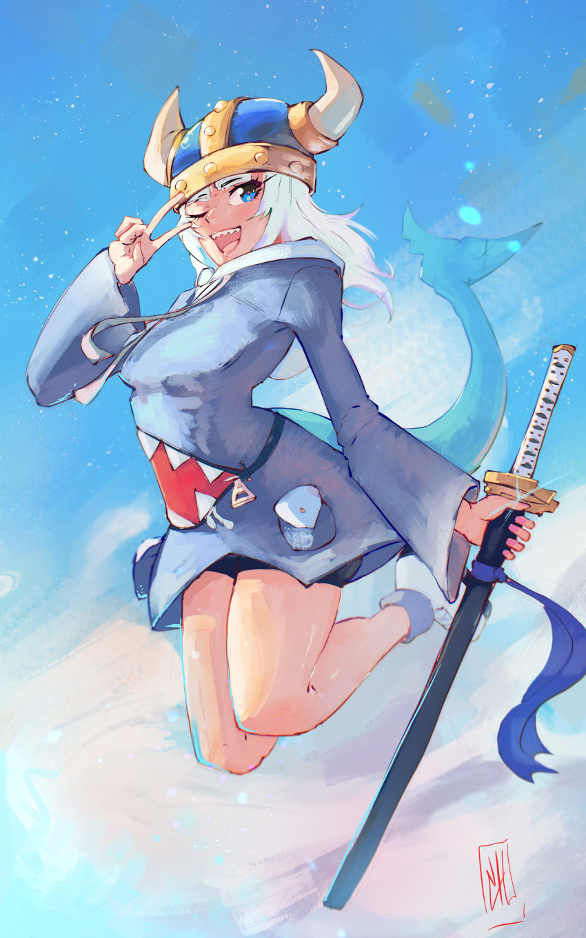1girl, absurdres, animal_costume, blue_eyes, blue_hair, blue_hoodie, boutsoftheblind, fins