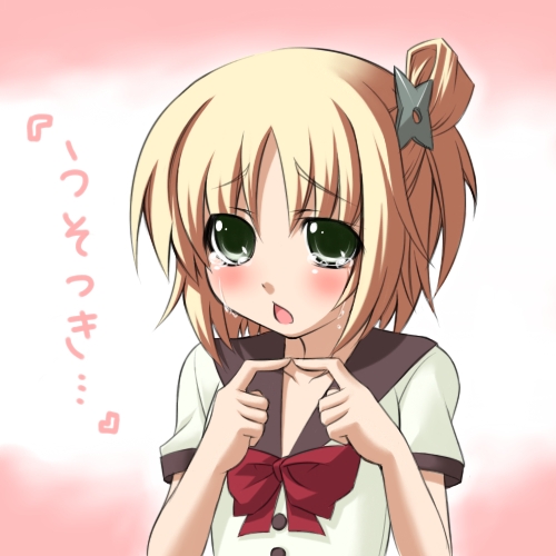 blonde_hair, blush, character_request, green_eyes, kore_wa_zombie_desu_ka?, lowres, maelstrom, moegi_nenene, open_mouth, school_uniform, short_hair, tears, tomonori_yuki, translated, yoshida_yuki
