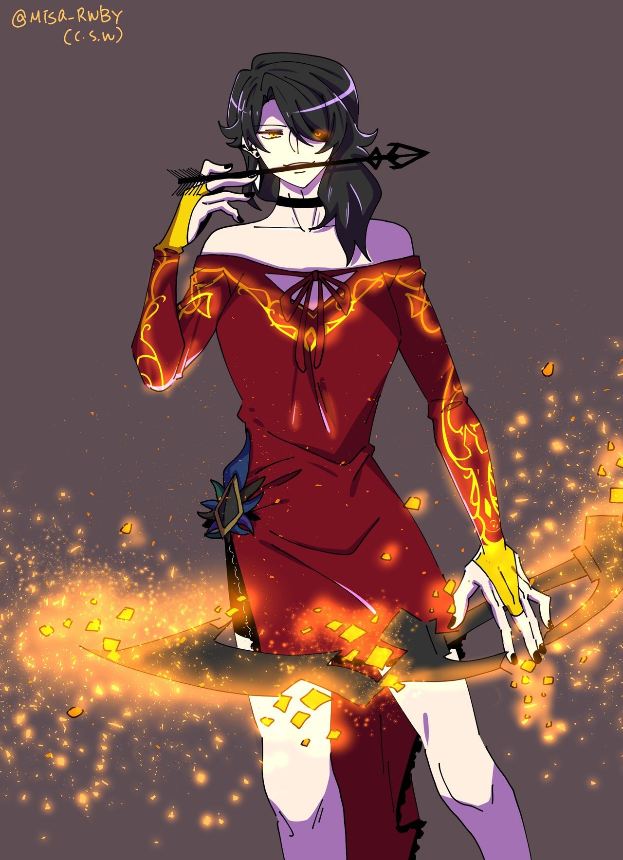1girl, bare_shoulders, black_hair, black_nails, choker, cinder_fall, dress, fire