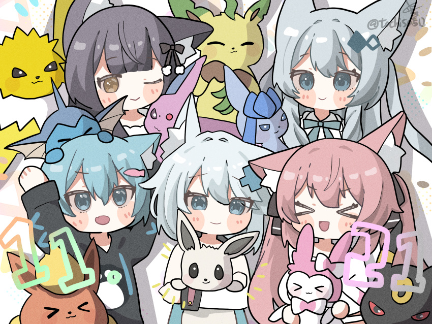 >_<, 4girls, :d, ;), alternate_color, animal_ear_fluff, animal_ears, arms_up