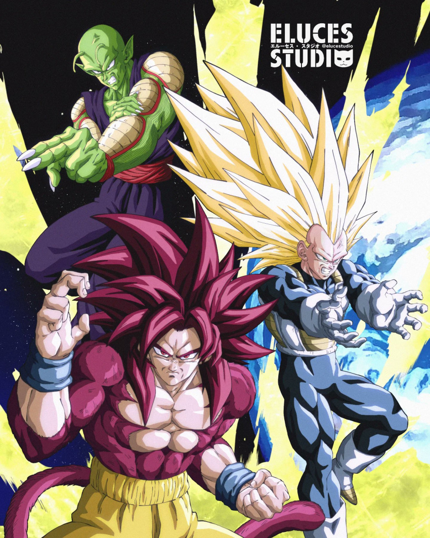 3boys, antennae, blue_bodysuit, bodysuit, boots, closed_mouth, dragon_ball, dragon_ball_daima