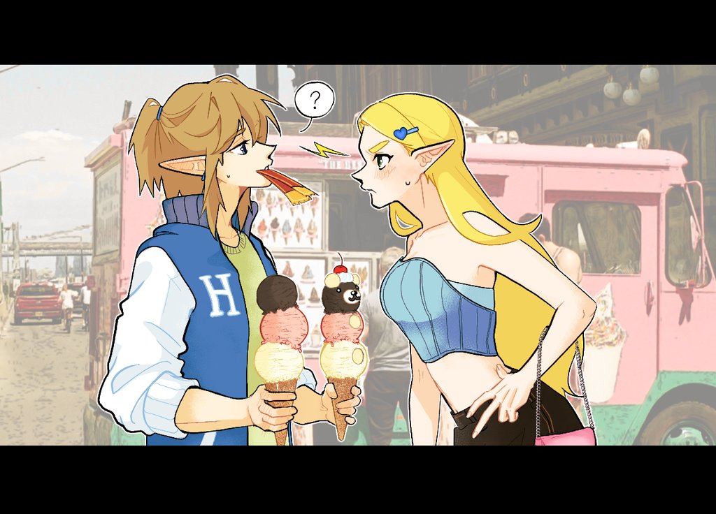 1boy, 1girl, bag, blonde_hair, blue_bustier, brown_hair, bustier, contemporary