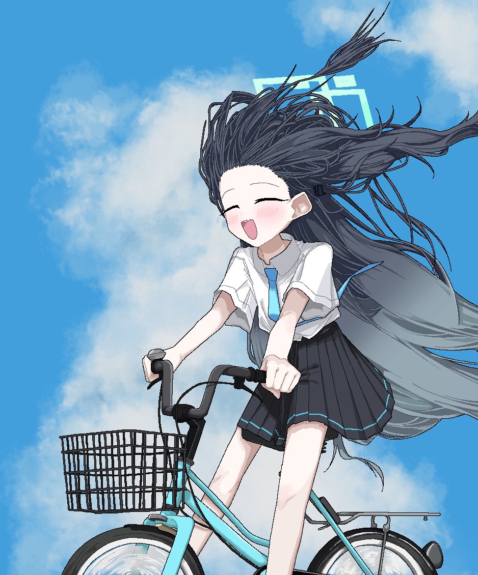 1girl, aqua_halo, aris_(blue_archive), bicycle, black_hair, black_skirt, blue_archive, blue_necktie, blue_sky, blush, closed_eyes, day, from_side, halo, long_hair, necktie, ookii_tsukemono, open_mouth, pleated_skirt, riding, riding_bicycle, shirt, short_sleeves, skirt, sky, smile, solo, very_long_hair, white_shirt