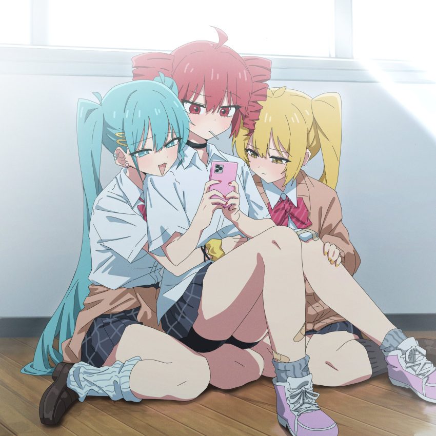 3girls, absurdres, akita_neru, alternate_costume, antenna_hair, bandaid, bandaid_on_leg, bike_shorts_under_skirt, black_choker, black_shirt, black_shorts, black_socks, blonde_hair, blue_eyes, blue_hair, blush, bow, bowtie, brown_cardigan, candy, cardigan, cardigan_around_waist, cellphone, channel_(caststation)_(style), choker, clothes_around_waist, collared_shirt, day, diagonal-striped_bow, diagonal-striped_bowtie, diagonal-striped_clothes, fingernails, food, hair_between_eyes, hatsune_miku, highres, holding, holding_phone, indoors, kasane_teto, kneehighs, lollipop, long_sleeves, mouth_hold, multiple_girls, open_mouth, pan_(ryu), phone, pink_bow, pink_bowtie, red_eyes, school_uniform, shirt, short_sleeves, shorts, side_ponytail, sitting, sitting_on_person, smartphone, socks, striped_clothes, triple_baka_(vocaloid), triple_ryuunen, twintails, utau, vocaloid, window, wing_collar, yellow_eyes, yellow_nails