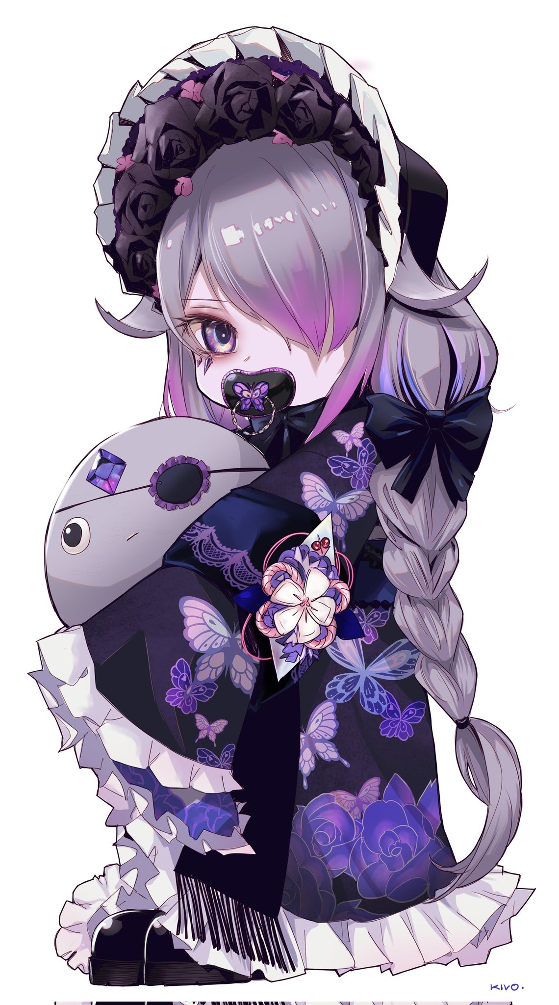 1girl, animal_print, black_kimono, bonnet, butterfly_print, english_commentary, gem, grey_hair