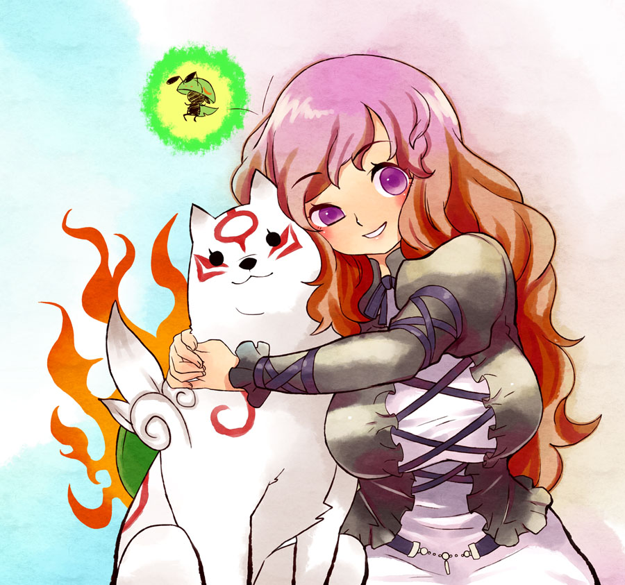 antennae, breasts, capcom, crossover, dress, fire, gradient_hair, hijiri_byakuren