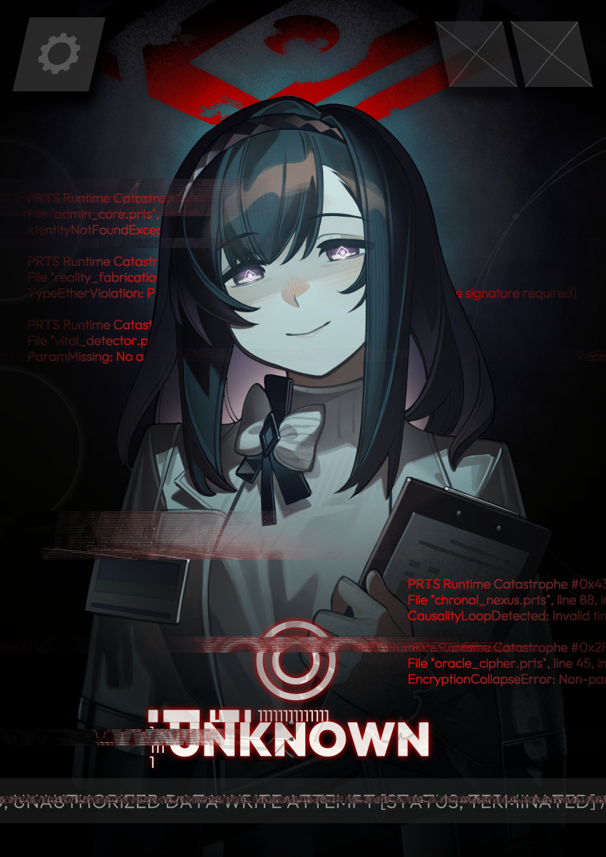 1girl, absurdres, arknights, black_hair, black_hairband, bow, bright_pupils, clipboard