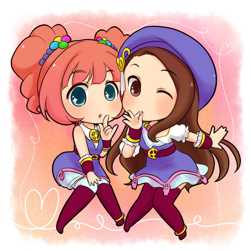 brown_eyes, brown_hair, chibi, green_eyes, hat, highres, idolmaster, idolmaster_2