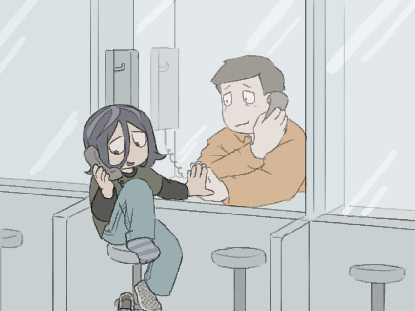 1boy, 1other, against_glass, angel_martinez, brown_hair, clinical_trial_(game), hair_between_eyes, hand_on_glass