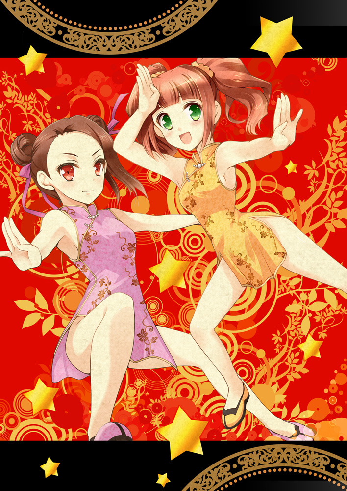 2girls, china_dress, chinese_clothes, double_bun, fighting_stance, green_eyes, gunp, idolmaster