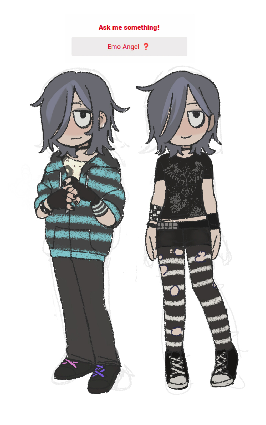1other, angel_martinez, black_choker, black_shoes, burbunaranjo, checkered_bracelet, choker, clinical_trial_(game), ear_piercing, earrings, emo_fashion, eyebrow_piercing, eyeliner, fingerless_gloves, gloves, hair_over_eyes, hair_over_one_eye, highres, jacket, jewelry, makeup, piercing, shoes, short_hair, striped_clothes, striped_jacket