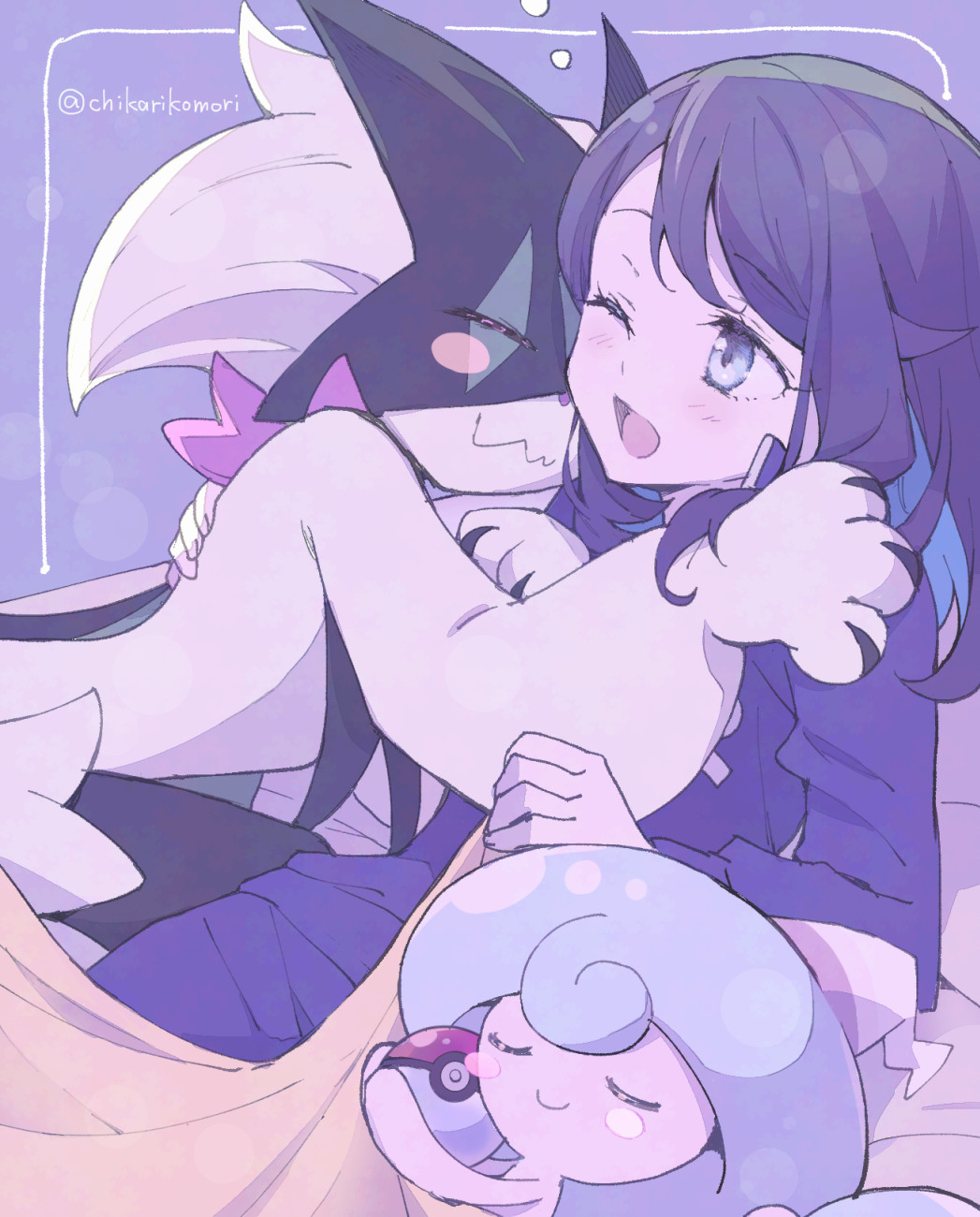 1girl, black_hair, blanket, blue_eyes, blue_hair, blush, chikariya, cowlick