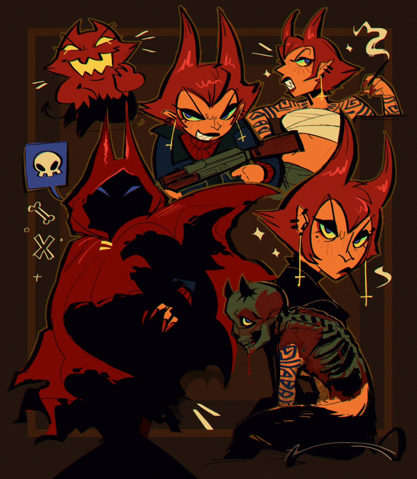 blood, blue_eyes, cassandra_(pico), cloak, demon_girl, demon_horns, demon_tail, fingernails