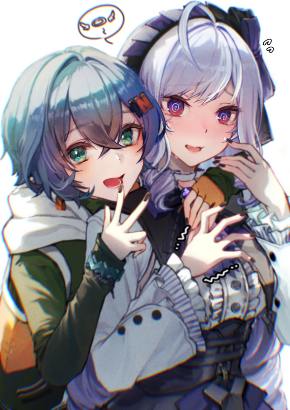 2girls, @_@, ahoge, arm_around_neck, belle_(zenless_zone_zero), black_nails, blue_hair, bracelet, center_frills, commentary, flying_sweatdrops, frills, green_eyes, hair_between_eyes, hairband, hinagi_kei, hood, hood_down, jewelry, long_hair, long_sleeves, multiple_girls, open_mouth, purple_hair, purple_hairband, ringlets, sideboob_cutout, smile, spoken_object, trembling, upper_body, violet_eyes, vivian_(zenless_zone_zero), w, zenless_zone_zero