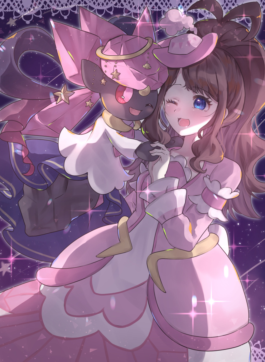 1girl, ;d, absurdres, antenna_hair, blue_eyes, brown_hair, commentary_request, diancie