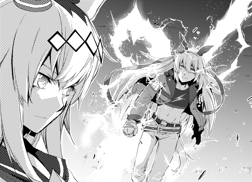 2girls, akiduki_(gundogs), animal_ears, belt, commentary_request, crop_top, electricity, greyscale