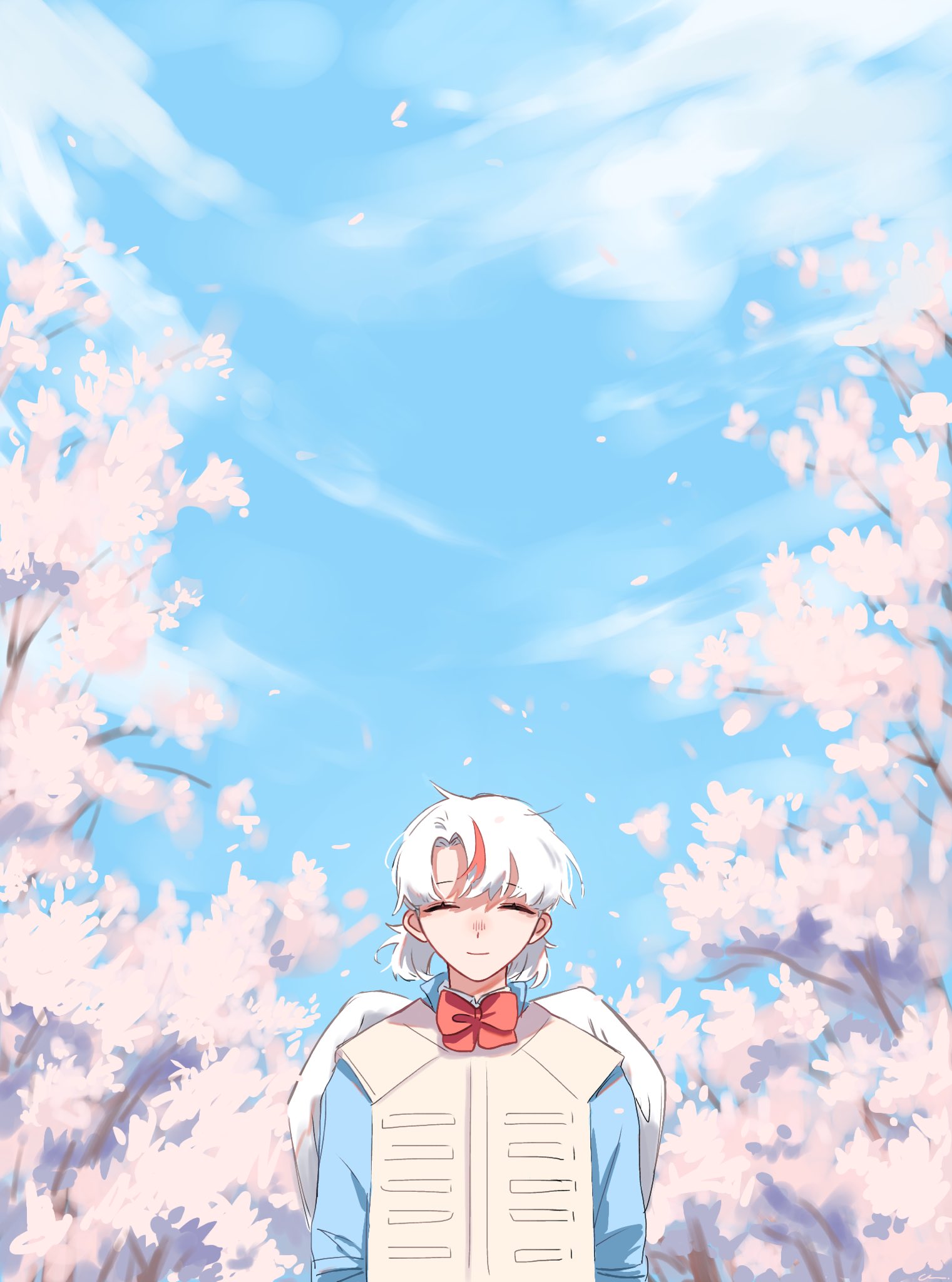 1girl, blue_shirt, blue_sky, bow, bowtie, bulletproof_vest, cherry_blossoms, closed_eyes