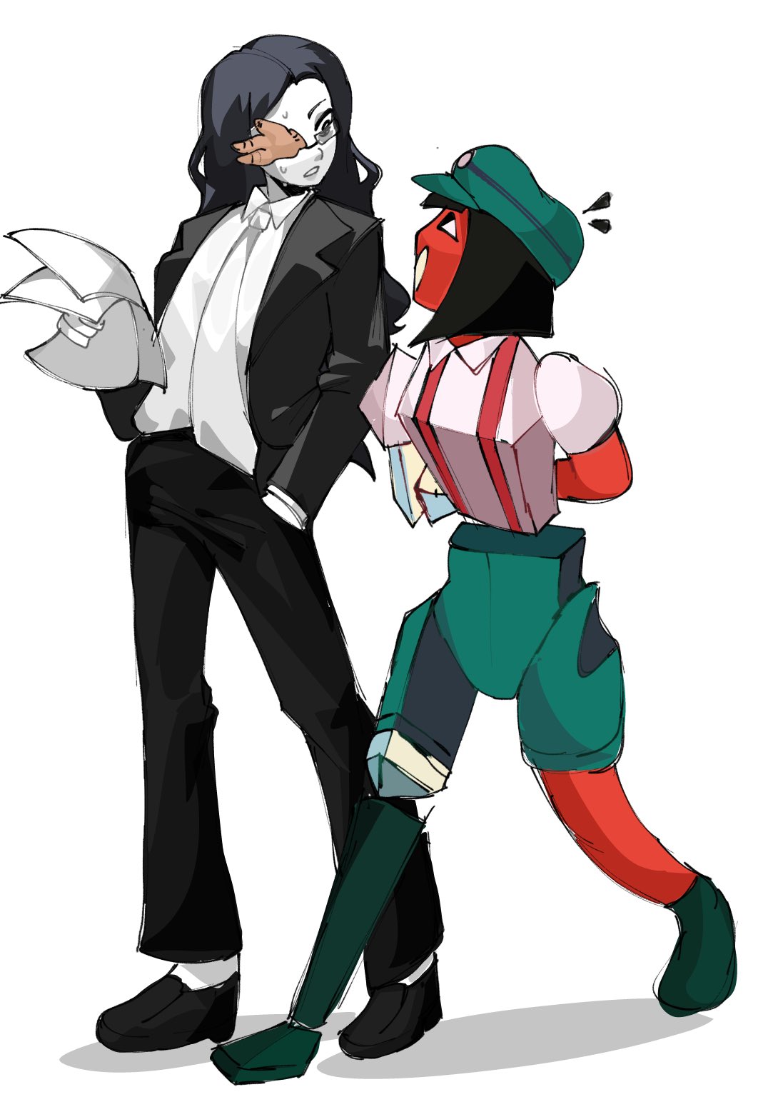 arms_behind_back, black_eyes, colored_skin, coral, coral_glasses_(joel_g), cubism, ena:_dream_bbq, ena_(dream_bbq)_(joel_g)