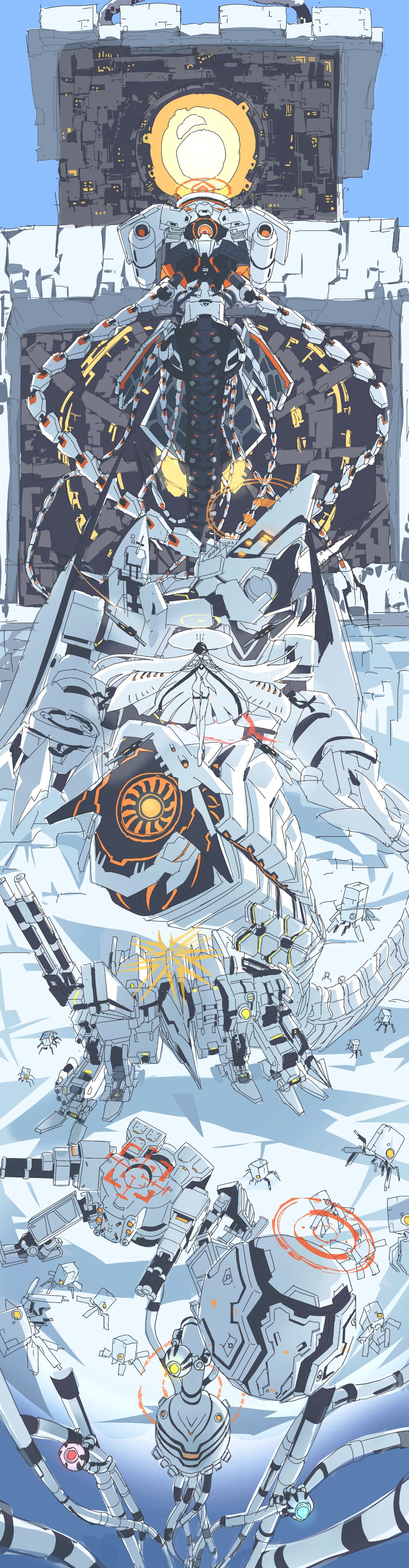 1girl, absurdres, binah_(blue_archive), blue_archive, blue_sky, character_request, chesed_(blue_archive), chokmah_(blue_archive), everyone, floating, geburah_(blue_archive), gesoikuo, halo, highres, hod_(blue_archive), kether_(blue_archive), malkuth_(blue_archive), mecha, panorama, red_halo, robot, sky, snow