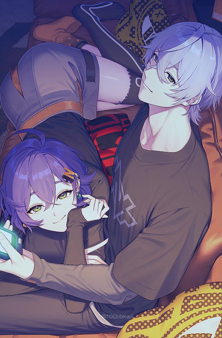 106bbkwii, 1boy, 1girl, belle_(zenless_zone_zero), black_skirt, blue_hair, cellphone, couch
